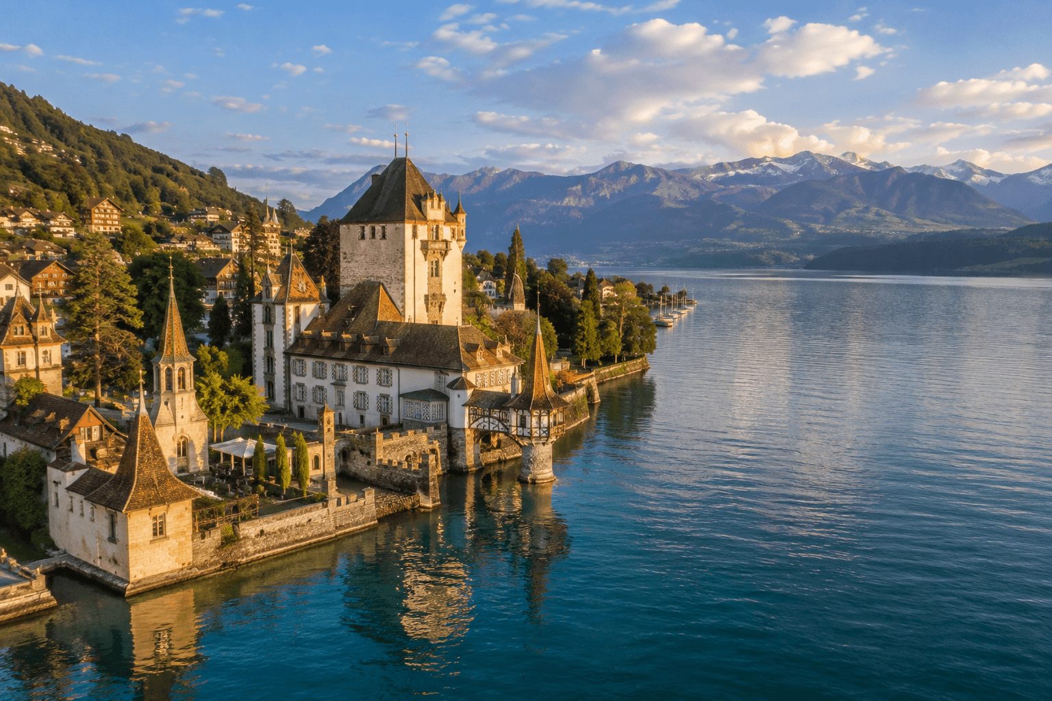 Schloss Oberhofen steht so nah am Thunersee, dass ein Teil des Baus direkt über dem Wasser errichtet wurde.