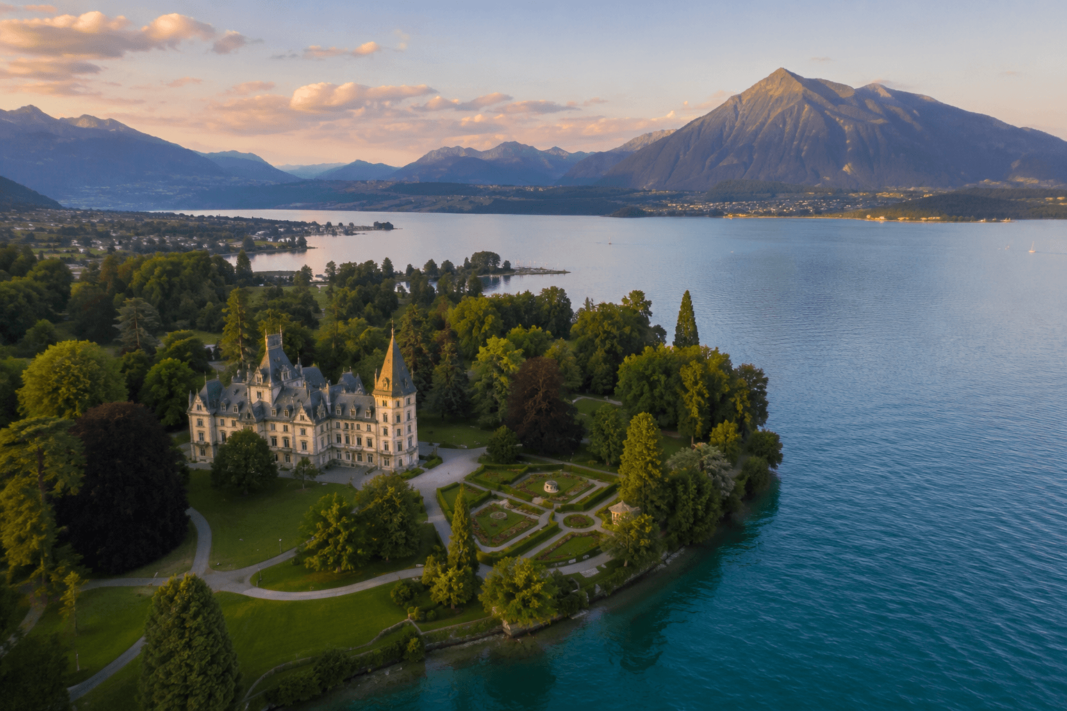 Schloss Schadau liegt in einem weitläufigen englischen Landschaftsgarten direkt am Thunersee, mit dem Niesen als Kulisse auf der anderen Seeseite.